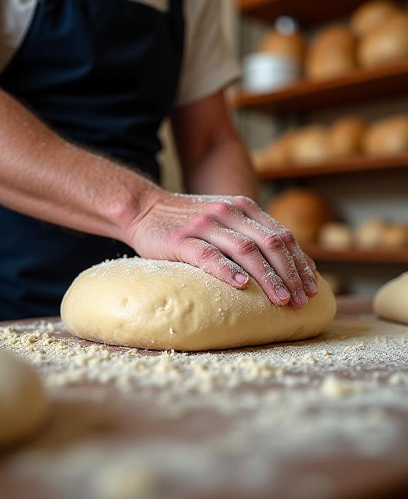 Bakker kneedt met de hand zuurdesemdeeg in de vroege ochtend